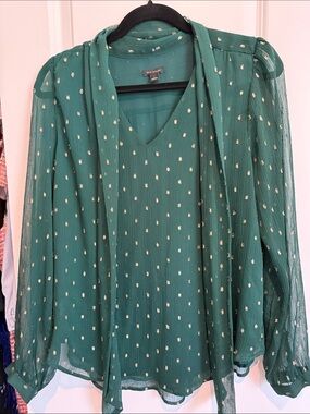 Ann Taylor Emerald Green Tie-Neck Blouse with Gold Dots